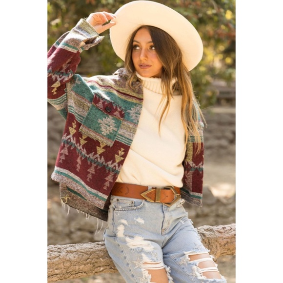 Mellow Gray Aztec Tribal Native Western Button Up Shacket Flannel Shirt Jacket - Picture 2 of 6